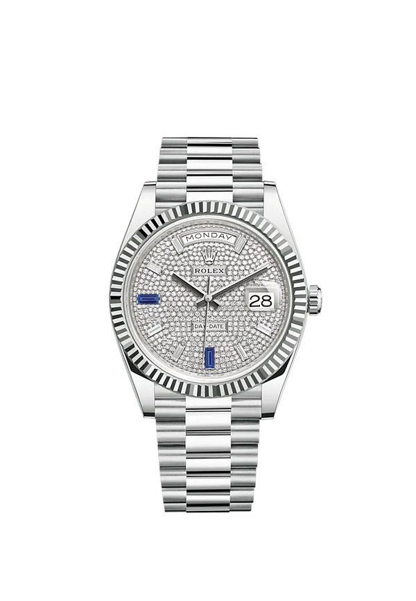 Day-Date 40 40mm President Bracelet and 18 KT White Gold with Diamond-Paved Dial and Fluted Bezel