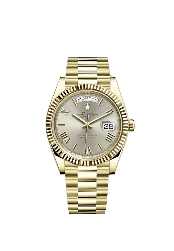 Rolex Day-Date Ref. 228238 40mm Yellow Gold with Silver Roman Dial Fluted Bezel