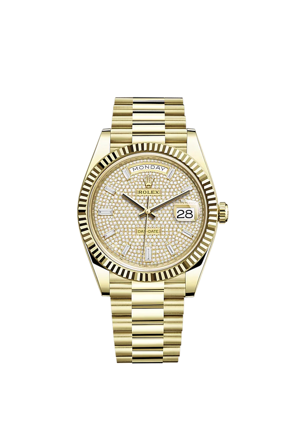 Rolex Day-Date Ref. 228238 40mm Yellow Gold with Diamond-Paved Dial and Fluted Bezel