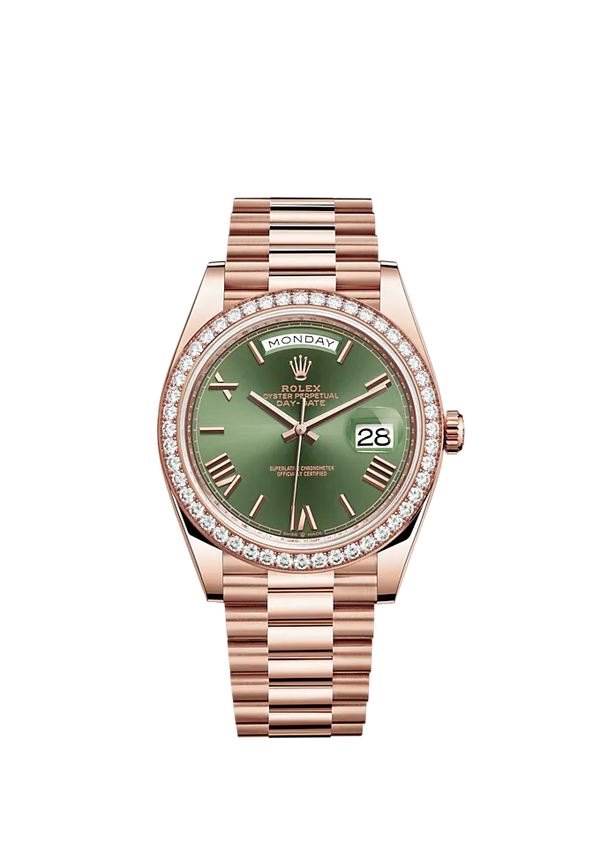 Day-Date 40 40mm President Bracelet and 18 KT Everose Gold with Olive Green Dial and Diamond-Set Bezel