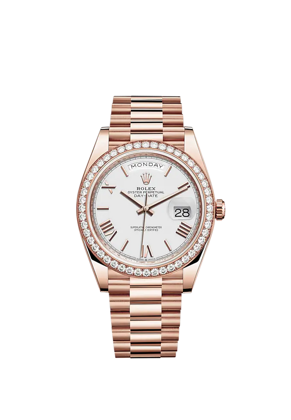 Day-Date 40 40mm President Bracelet and 18 KT Everose Gold with White Dial and Diamond-Set Bezel