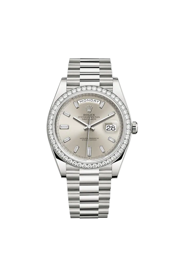 Day-Date 40 40mm President Bracelet and 18 KT White Gold with Silver Diamond-Set Dial and Diamond-Set Bezel