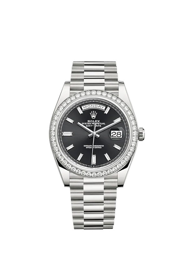 Day-Date 40 40mm President Bracelet and 18 KT White Gold with Bright Black Dial Diamond-Set Dial and Bezel