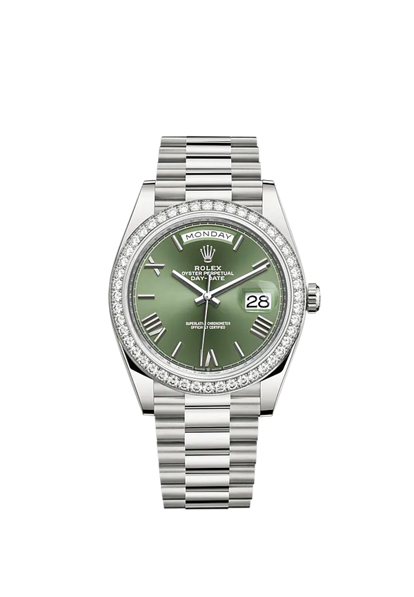 Day-Date 40 40mm President Bracelet and 18 KT White Gold with Olive Green Dial and Diamond-Set Bezel