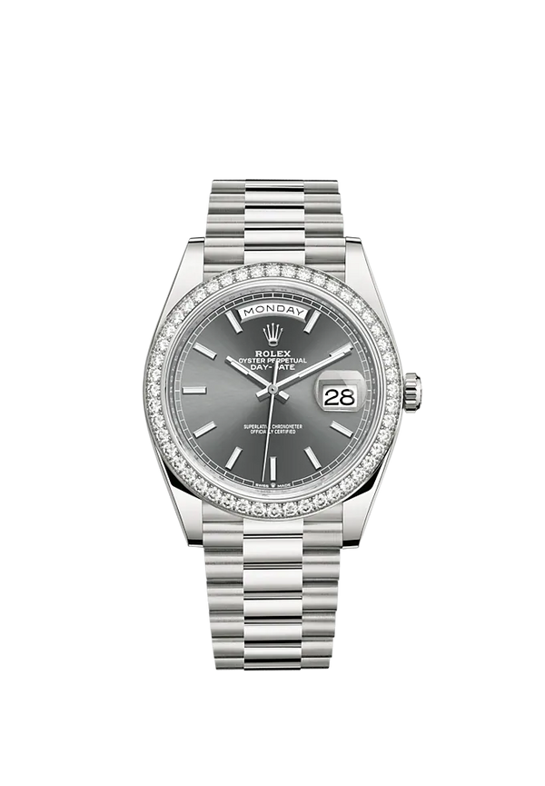 Day-Date 40 40mm President Bracelet and 18 KT White Gold with Slate Dial and Diamond-Set Bezel