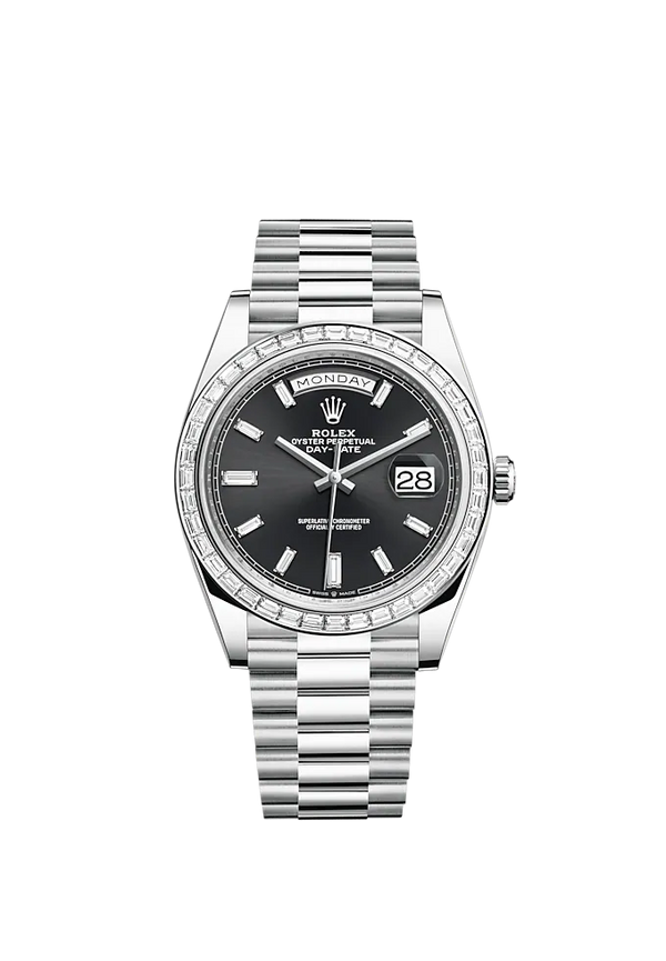 Day-Date 40 40mm Oyster President Bracelet and Platinum with Bright Black Dial Diamond-Set Dial and Diamond-Set Bezel
