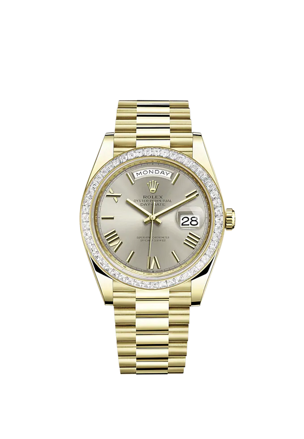Day-Date 40 40mm President Bracelet and 18 KT White Gold with Silver Dial and Diamond-Set Bezel