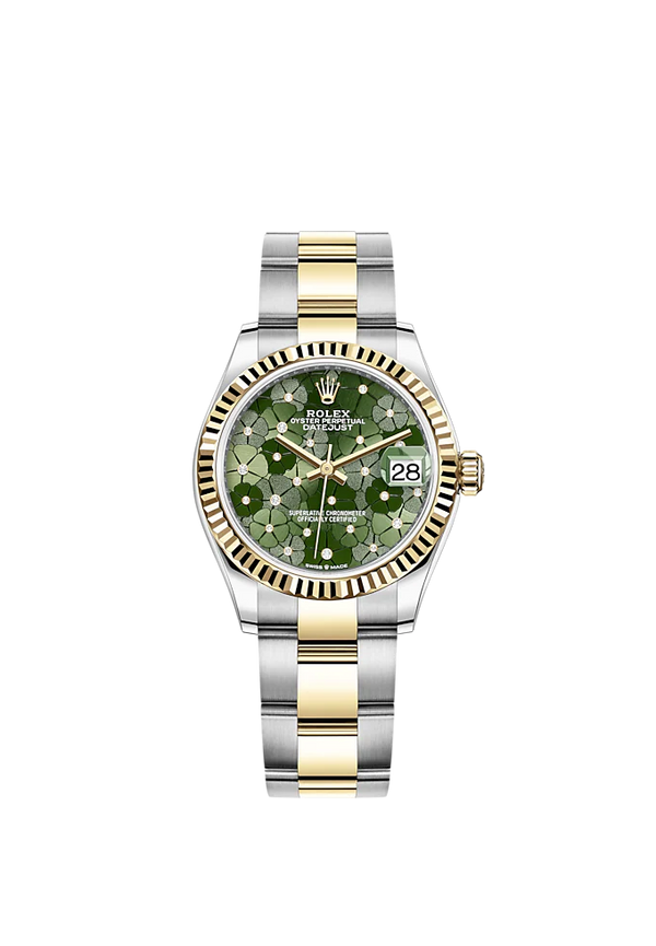 Datejust 31 31mm Oyster Bracelet Oystersteel and Yellow Gold with Olive-Green Floral-Motif Diamond-Set Dial Fluted Bezel