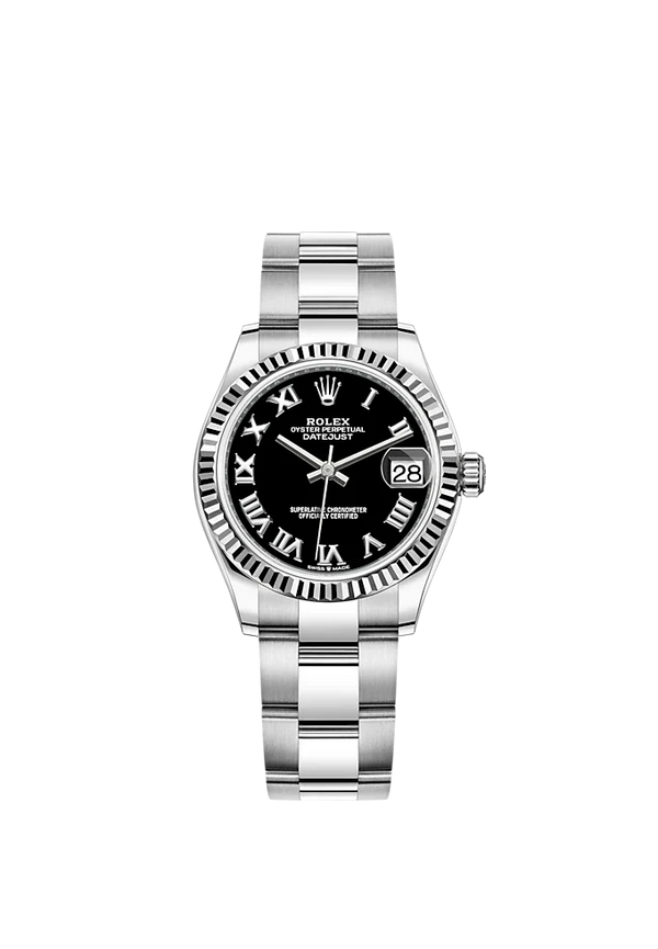 Datejust 31 31mm Oyster Bracelet Oystersteel and White Gold with Bright Black Dial Fluted Bezel