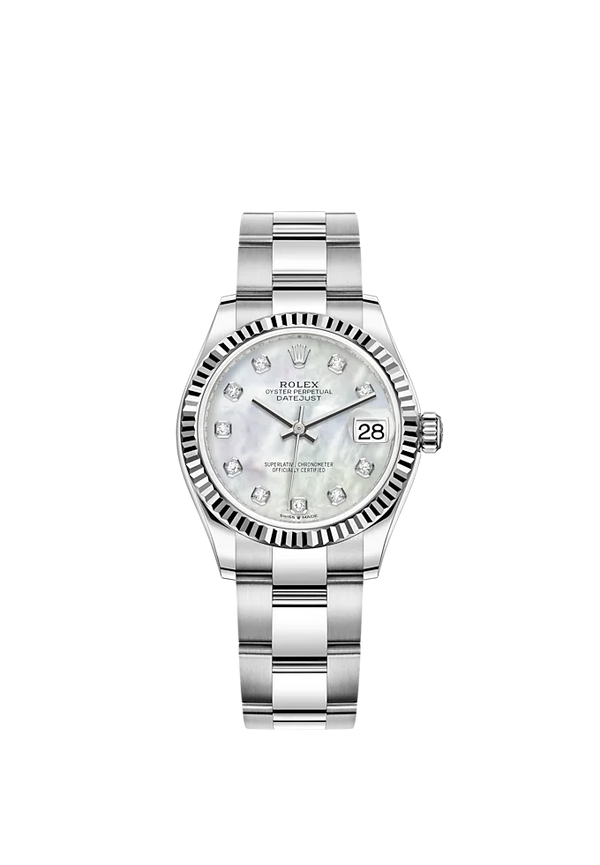 Datejust 31 31mm Oyster Bracelet Oystersteel and White Gold with White Mother-Of-Pearl Diamond Set Dial Fluted Bezel