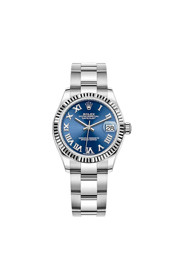 Datejust 31 31mm Oyster Bracelet Oystersteel and White Gold with Bright Blue Dial Fluted Bezel