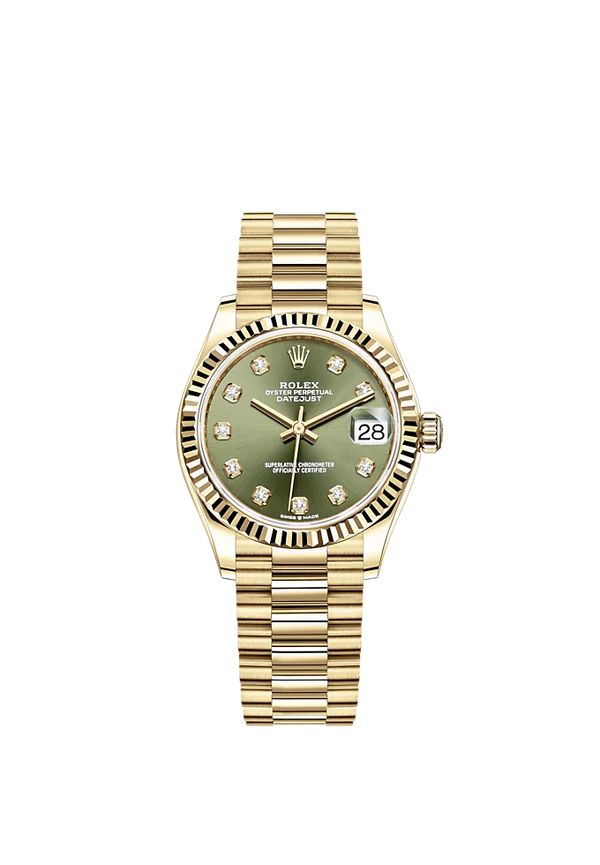 Datejust 31 31mm President Bracelet and 18 CT Yellow Gold with Olive-Green Diamond-Set Dial Fluted Bezel