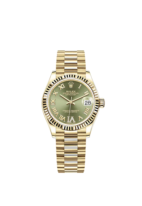 Datejust 31 31mm President Bracelet and 18 CT Yellow Gold with Olive-Green Diamond Dial Fluted Bezel