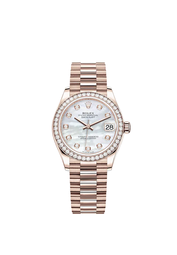 Datejust 31 31mm President Bracelet and 18 CT Everose Gold with White Mother-Of-Pearl Dial Diamond-Set Bezel