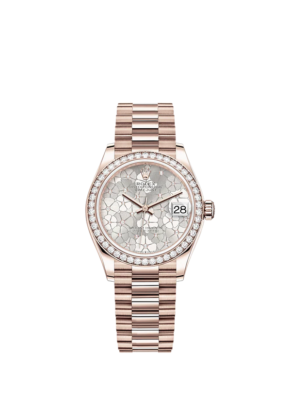 Datejust 31 31mm President Bracelet and 18 CT Everose Gold with Silver Floral-Motif Diamond-Set Dial Diamond-Set Bezel