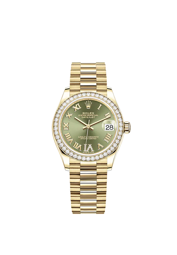 Datejust 31 31mm President Bracelet and 18 CT Yellow Gold with Olive-Green Diamond Dial Diamond-Set Bezel