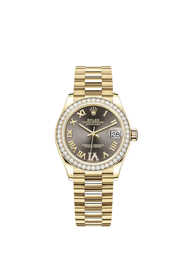 Datejust 31 31mm President Bracelet and 18 CT Yellow Gold with Dark Grey Diamond Dial Diamond-Set Bezel