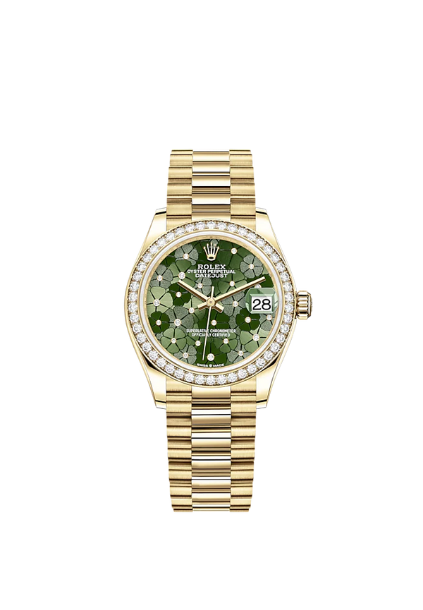 Datejust 31 31mm President Bracelet and 18 CT Yellow Gold with Olive-Green Floral-Motif Diamond Set Dial Diamond-Set Bezel