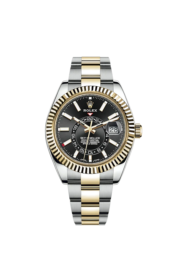 Sky-Dweller 42mm Oyster Bracelet Oystersteel and Yellow Gold with Bright Black Dial Fluted Bezel