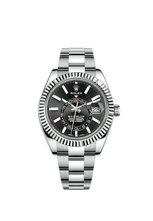 Sky-Dweller 42mm Oyster Bracelet Oystersteel and White Gold with Bright Black Dial Fluted Bezel