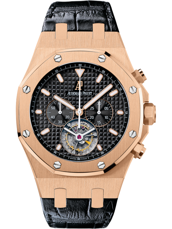 Royal Oak Tourbillon Chronograph 44MM Black Alligator Strap Black Dial With Grande Tapisserie Pattern 18-Carat Pink Gold Case