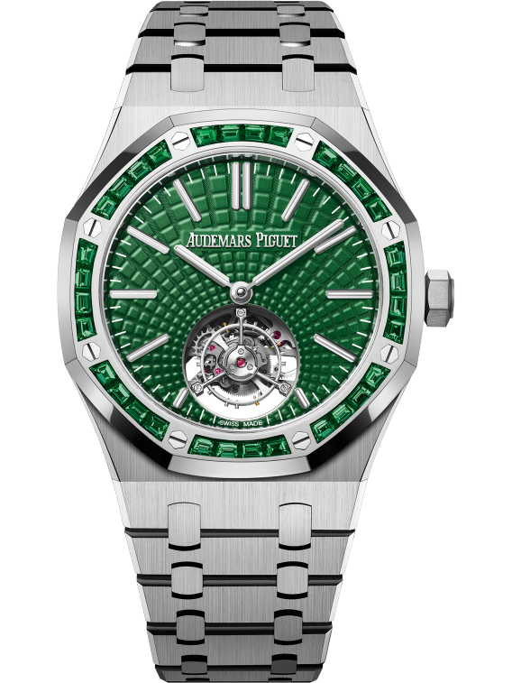 Royal Oak Selfwinding Flying Tourbillon 41MM Titanium Bracelet Green Dial With Evolutive Tapisserie Pattern Titanium Case 18-Carat White Gold Bezel Set With Baguette-Cut Emeralds