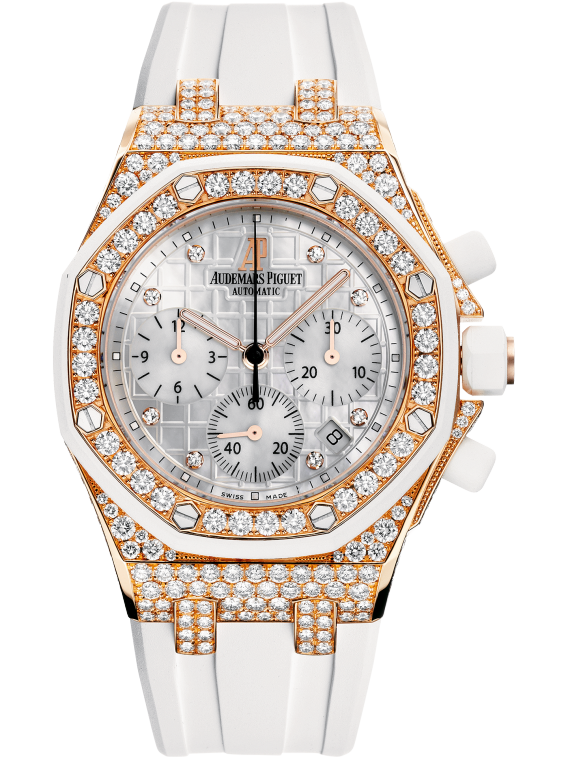 Royal Oak Offshore Chronograph 37MM White Rubber Strap Silvered Dial With Méga Tapisserie Pattern 18-Carat Pink Gold Case Entirely Set With Diamonds