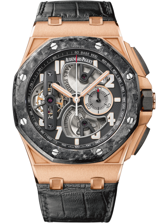 Royal Oak Offshore Tourbillon Chronograph 44MM Black Alligator Strap Black Dial Openworked at 6, 9 and 12 O'Clock 18-Carat Pink Gold Case Forged Carbon Bezel