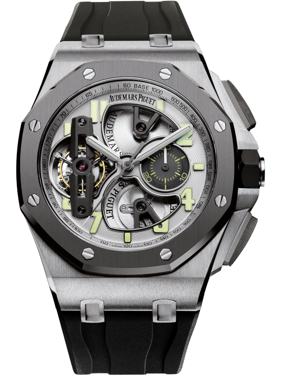 Royal Oak Offshore Tourbillon Chronograph 44MM Black Rubber Strap Silver-Toned Dial Openworked at 6, 9 and 12 O'Clock Titanium Case