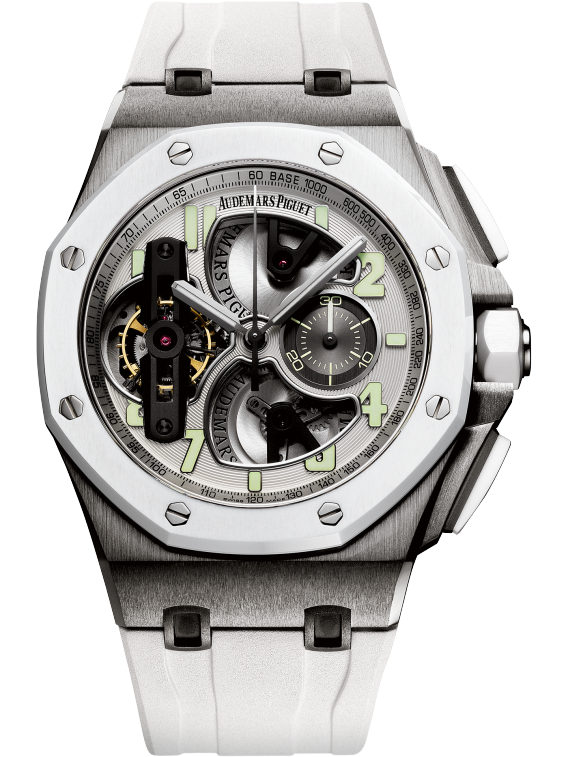 Royal Oak Offshore Tourbillon Chronograph 44MM White Rubber Strap Silver-Toned Dial Openworked at 6, 9 and 12 O'Clock, Black Counter Titanium Case White Ceramic Bezel