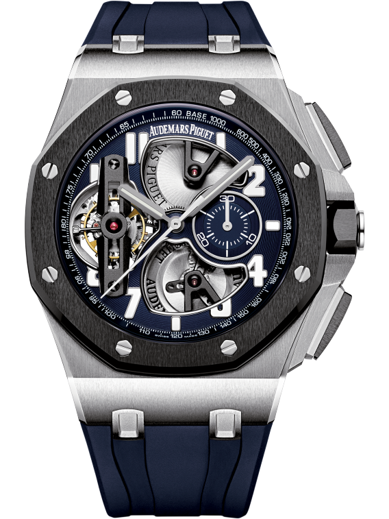 Royal Oak Offshore Tourbillon Chronograph 44MM Blue Rubber Strap Blue Dial Openworked at 6, 9 and 12 O'Clock, Silver-Toned Counter 950 Platinum Case