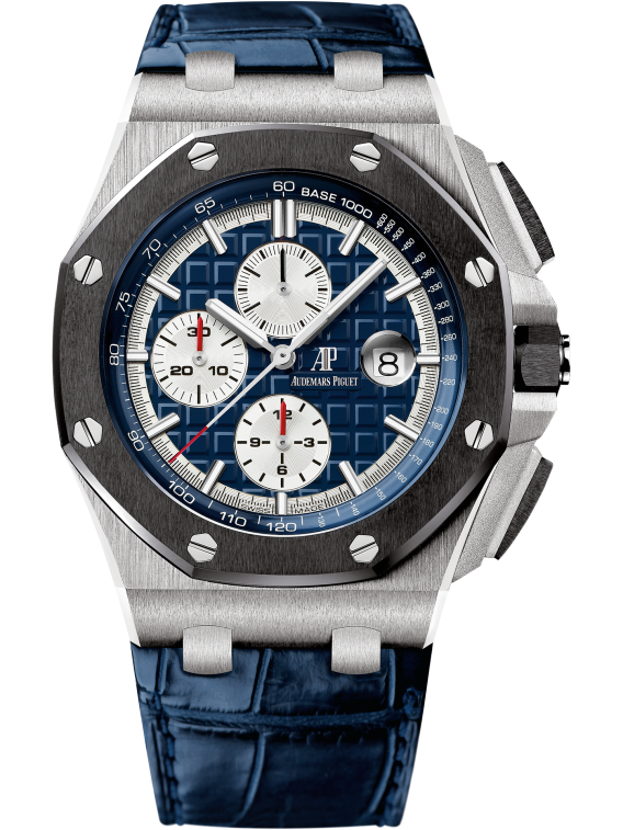 Royal Oak Offshore Chronograph 44MM Blue Alligator Strap Blue Dial With Méga Tapisserie Pattern 950 Platinum Case Black Ceramic Bezel