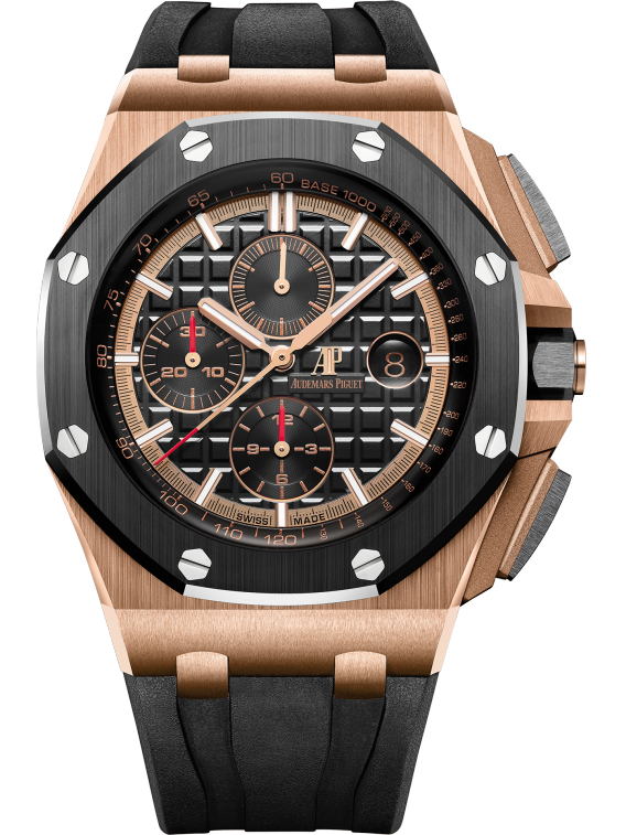 Royal Oak Offshore Selfwinding Chronograph 44MM Black Rubber Strap Black Dial With Mega Tapisserie Pattern 18-Carat Pink Gold Case Black Ceramic Bezel