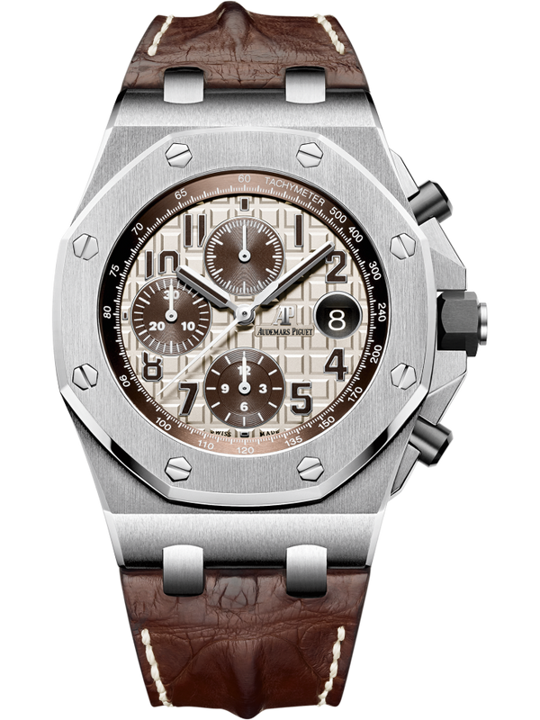 Royal Oak Offshore Chronograph 42MM Brown Alligator Strap Ivory-Toned Dial With Méga Tapisserie Pattern Stainless Steel Case