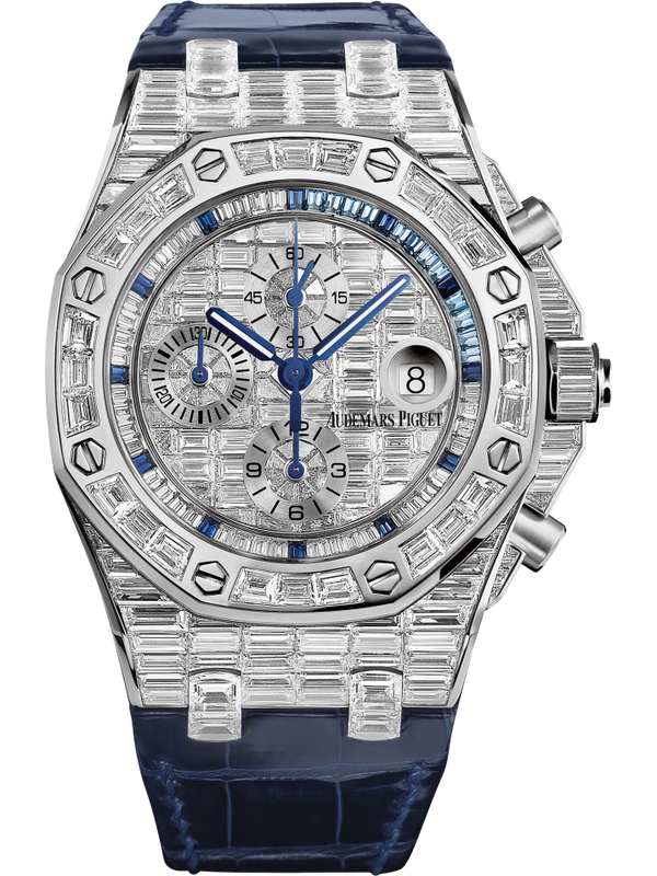 Royal Oak Offshore Chronograph 42MM Blue Alligator Strap 18-Carat White Gold Dial Paved With Baguette-Cut Diamonds 18-Carat White Gold Case Entirely Set With Baguette-Cut Diamonds