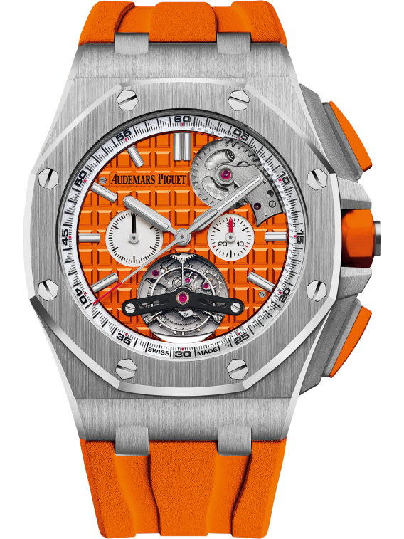 Royal Oak Offshore Tourbillon Chronograph Selfwinding 44MM Orange Rubber Strap Orange Dial With Méga Tapisserie Pattern Stainless Steel Case