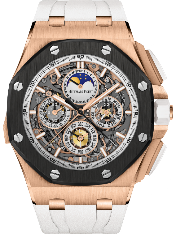 Royal Oak Offshore Grande Complication 44MM White Rubber Strap Smoked Sapphire Dial 18-Carat Pink Gold Case Ceramic Bezel