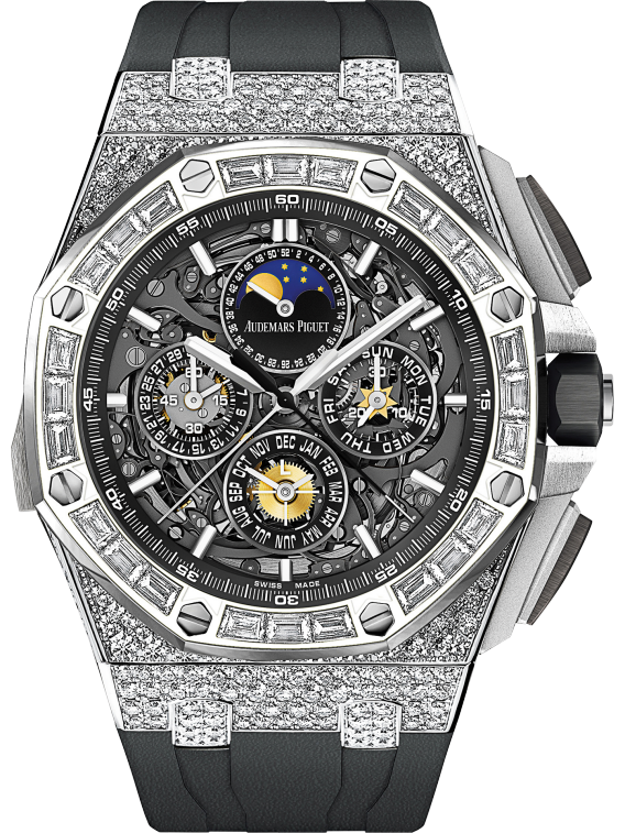 Royal Oak Offshore Grande Complication Openworked 44MM Black Rubber Strap Sapphire Dial 18-Carat White Gold Case 18-Carat White Gold Bezel Set With Baguette-Cut Diamonds