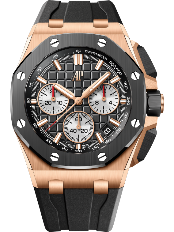 Royal Oak Offshore Selfwinding Chronograph 43MM Black Rubber Strap Black Dial With Méga Tapisserie Patterns 18-Carat Pink Gold Case Black Ceramic Bezel