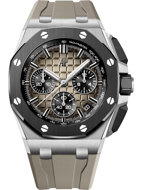 Royal Oak Offshore Selfwinding Chronograph 43MM Light Brown Rubber Strap Smoked Light Brown Dial With Méga Tapisserie Pattern Stainless Steel Case Black Ceramic Bezel