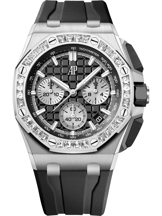 Royal Oak Offshore Selfwinding Chronograph 43MM Black Rubber Strap Black Dial With Méga Tapisserie Pattern 18-Carat White Gold Case Bezel Set With Baguette-Cut Diamonds