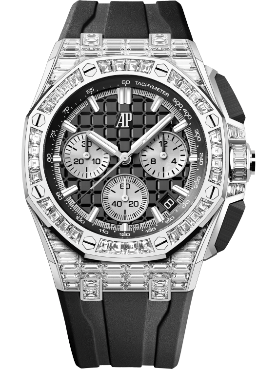 Royal Oak Offshore Selfwinding Chronograph 43MM Black Rubber Strap Black Dial With Méga Tapisserie Pattern 18-Carat White Gold Case and Bezel Set With Baguette-Cut Diamonds