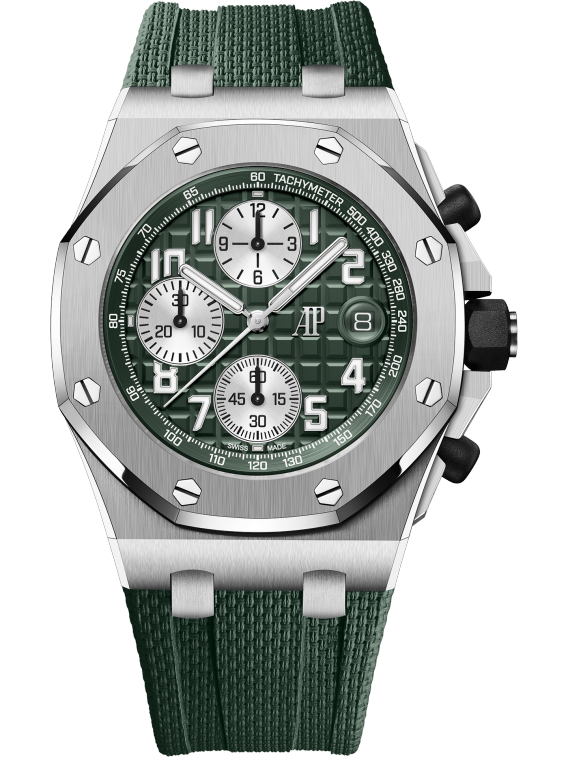 Royal Oak Offshore Selfwinding Chronograph 42MM Khaki Green Rubber Strap With Textile Decoration Khaki Green Dial With Mega Tapisserie Pattern Titanium Case and Bezel