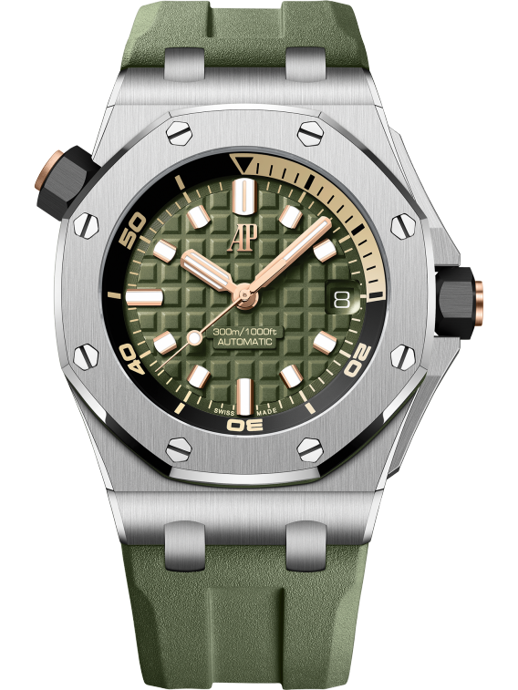 Royal Oak Offshore Diver 42MM Khaki Green Rubber Strap Khaki Green Dial With Méga Tapisserie Pattern Stainless Steel Case