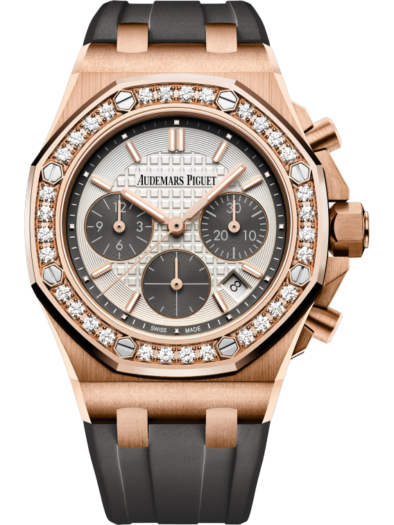 Royal Oak Offshore Selfwinding Chronograph 37MM Grey Rubber Strap Silver-Toned Dial With Lady Tapisserie Pattern 18-Carat Pink Gold Case Diamond-Set Bezel