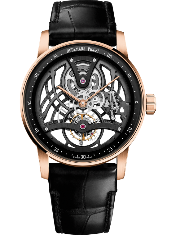 Code 11.59 by Audemars Piguet 41mm Black Alligator Strap Lacquered Black Inner Bezel Openworked Dial Pink Gold Bezel