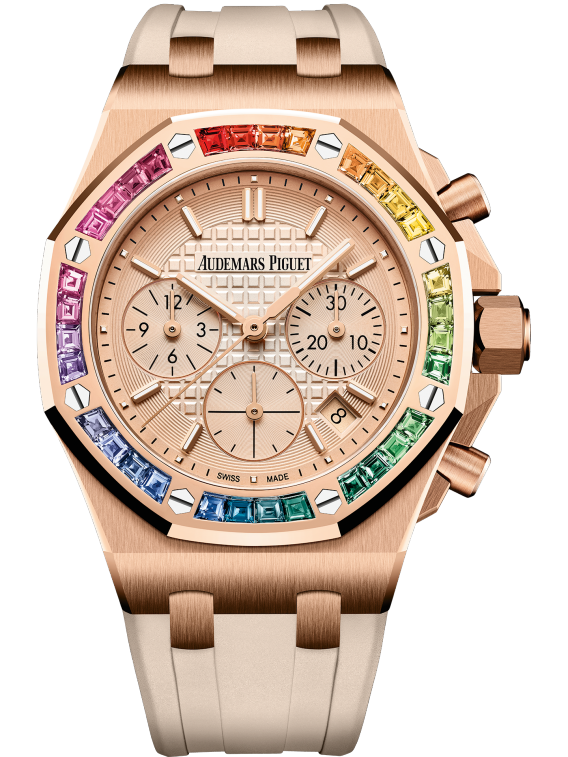 Royal Oak Offshore Selfwinding Chronograph 37MM Beige Rubber Strap Smoked Pink Gold-Toned Dial With Lady Tapisserie Pattern 18-Carat Pink Gold Case Bezel Set With Baguette-Cut Rainbow-Coloured Sapphires