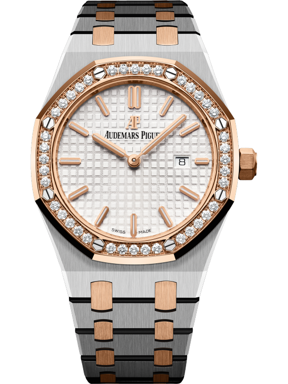 Royal Oak Quartz 33MM Stainless Steel and 18-Carat Pink Gold Bracelet Silver-Toned Dial With Grande Tapisserie Pattern Stainless Steel Case 18-Carat Pink Gold Bezel