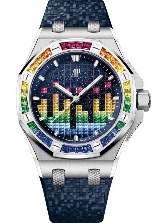 Royal Oak Offshore Selfwinding - Music Edition 37MM Blue Rubber Strap With Constellation Texture Blue Aventurine Dial With VU Meter Set With Coloured Gemstones 18-Carat White Gold Case Bezel Set With Red to Blue Baguette-Cut Gemstones