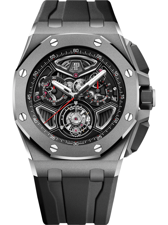 Royal Oak Offshore Selfwinding Flying Tourbillon Chronograph 43MM Black Rubber Strap Openworked Dial Sandblasted Titanium Case and Bezel